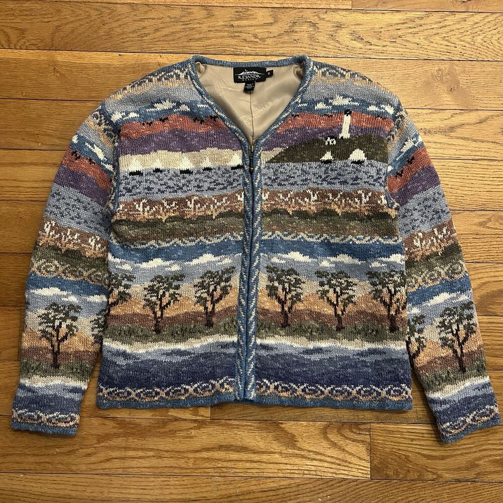 Icelandic Design Linen Knit Fair Isle Lighthouse Zip Cardigan Sweater Small